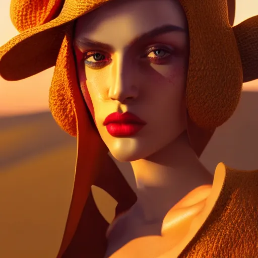 Image similar to innovative colorful avant-garde art, deco fashion, highly detailed, photorealistic portrait, serene desert setting, golden hour, crisp quality and light reflections, unreal engine 5 quality render