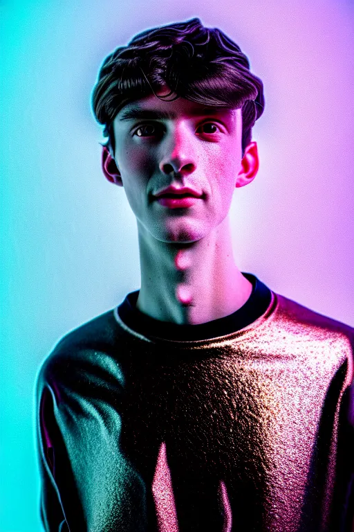 Prompt: high quality pastel coloured film mid angle selfie photograph of a beautiful young 2 0 year old male, soft features, black hair, standing in an icelandic black rock environment with reflective metallic clothing. atmospheric. three point light. photographic. art directed. ( pastel colours ). volumetric light. sheen. waves glitch. 8 k. filmic.