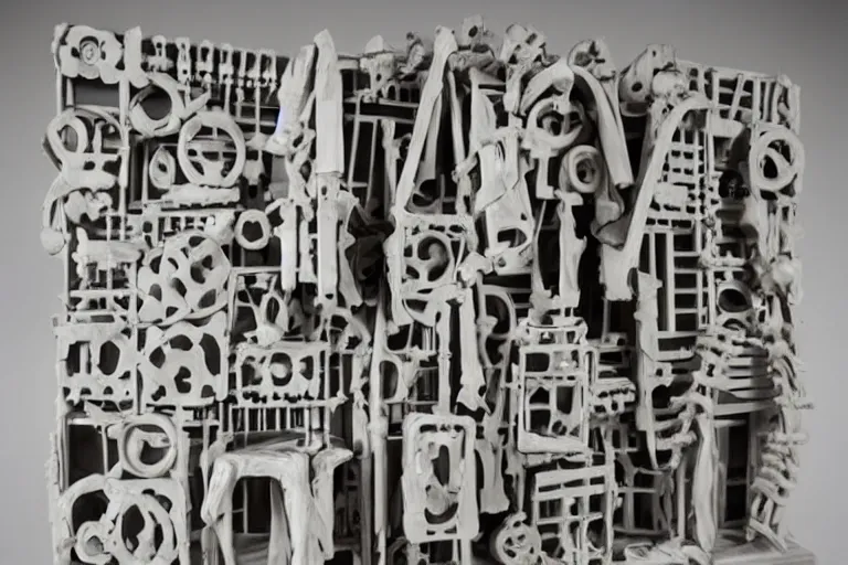 Image similar to a louise nevelson sculpture made of bones painted white, dramatic lighting, highly detailed