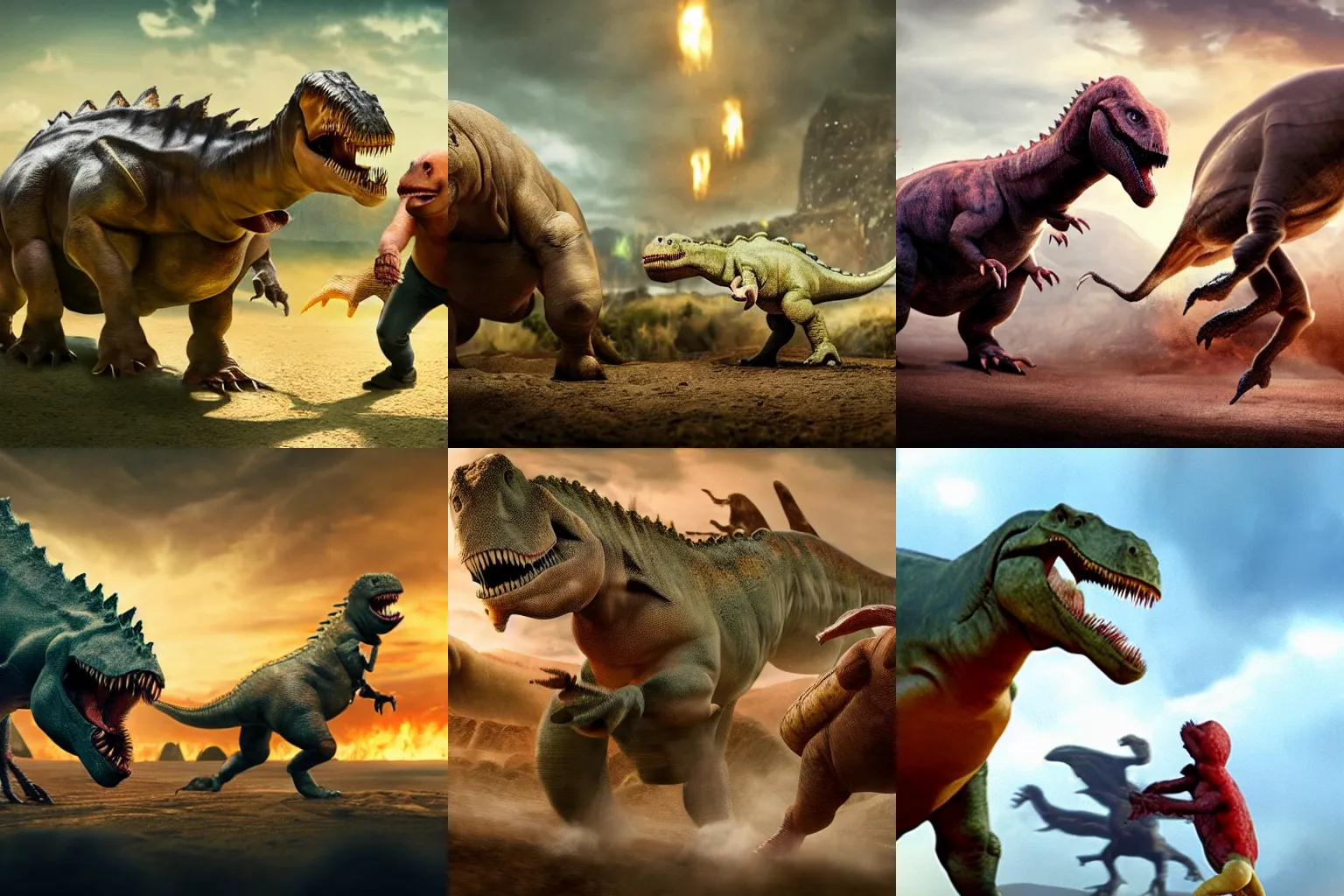 Prompt: a potatoes fighting of a dinosaur, movie, cinematic, great cinematography, action, drama, detailed great image, sharp focus