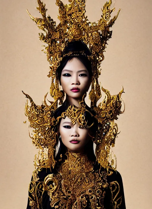 Image similar to a portrait of thai female by stefan geselle and nekro borja, photorealistic, intricate details, hyper realistic, fantasy, elegant, baroque gold headpiece, photorealistic, canon r 3, photography, wide shot, symmetrical features, symmetrical pose, wide angle shot, head to toe, standing pose, feet on the ground, wearable art