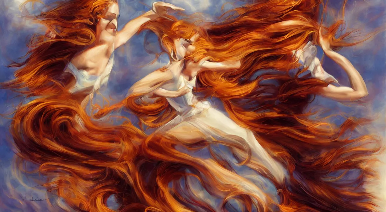 Image similar to a dancer with swirling hair is in the wind by julie bell, trending on artstation