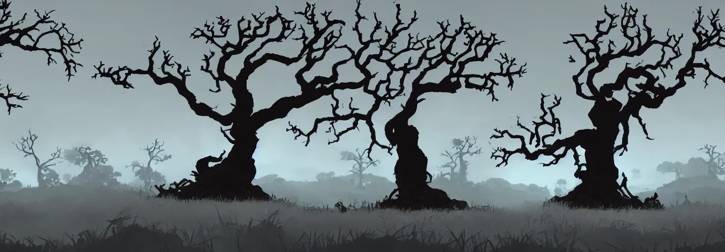 Image similar to distant ancient gnarled tree silhouettes, parallax layer from a gorgeous indie platform game