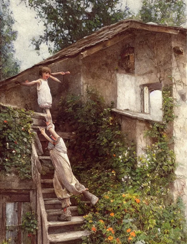 Prompt: peasant boy climbing stairs to the roof of a country house, cottage core, cinematic focus, polaroid photo bleached vintage pastel colors high - key lighting, soft lights, foggy, by steve hanks, by lisa yuskavage, by serov valentin, by tarkovsky, detailed, oil on canvas