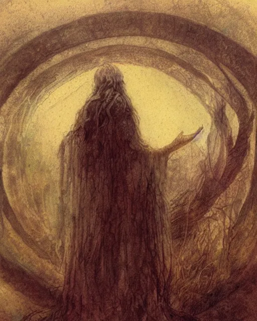 Image similar to a druid standing in a circle at the beginning of the world by alan lee