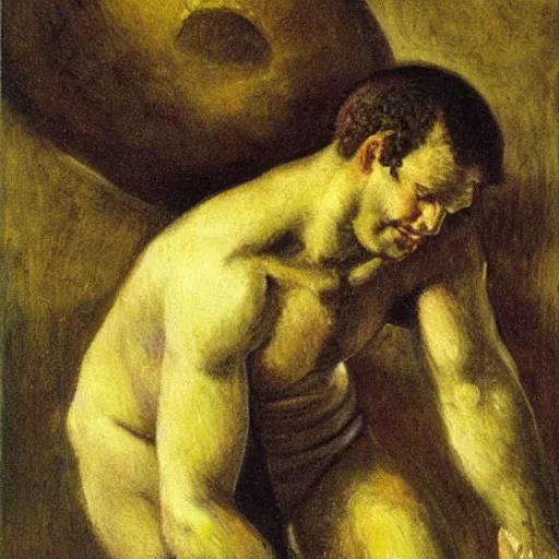 Prompt: a painting of benjamin netanyahu as sisyphus, carrying boulder on shoulders, by franz stuck