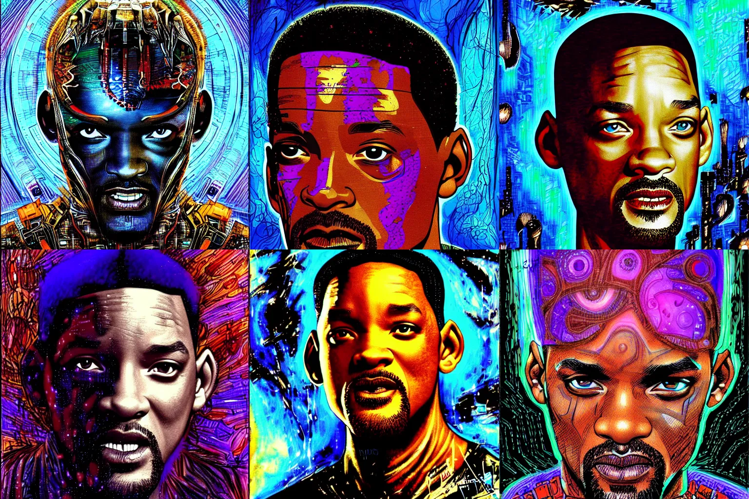 Prompt: Will Smith portrait, digital painting by Philippe Druillet