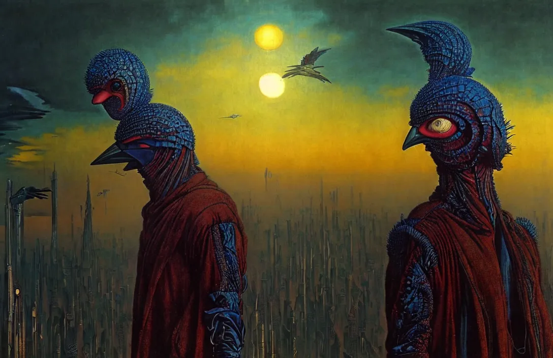 Image similar to realistic detailed portrait movie shot of a birdman wearing dark ragged robes, futuristic city sunset landscape background by denis villeneuve, amano, yves tanguy, alphonse mucha, ernst haeckel, max ernst, roger dean, ridley scott, dramatic dynamic composition, rich moody colours, blue eyes