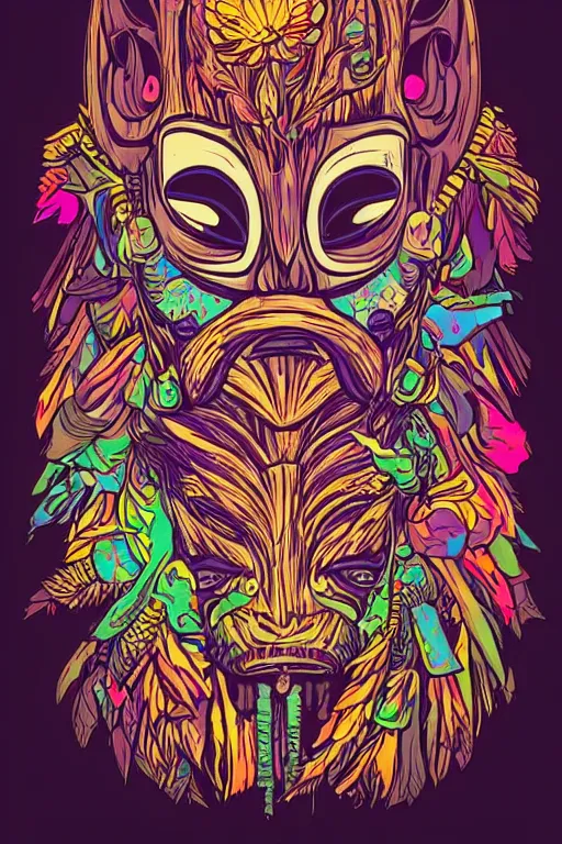 Image similar to animal mask totem roots flower tribal feather gemstone plant wood rock shaman vodoo video game vector cutout illustration vivid multicolor borderlands comics by josan gonzales and dan mumford radiating a glowing aura