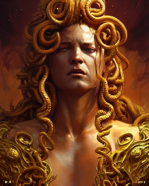 Prompt: fierce medusa in an golden robe, fantasy character portrait, ultra realistic, concept art, intricate details, highly detailed by greg rutkowski, gaston bussiere, craig mullins, simon bisley