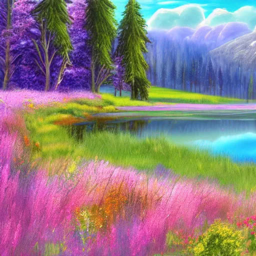 Prompt: meadow with colorful flowers and lake detailed airbrushed magical realism landscape painting 4 k