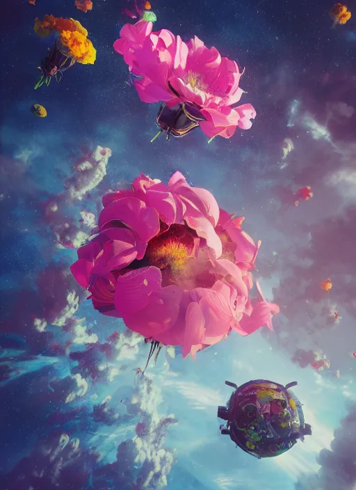 Image similar to An epic fantastic realism comic book style painting of the most beautiful flowers launched into space, bouquets, fisheye lens, unreal 5, DAZ, hyperrealistic, octane render, dynamic lighting