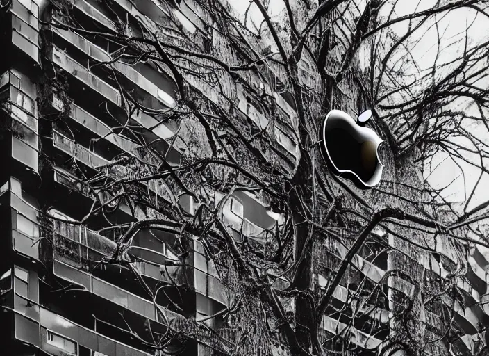 Prompt: 35mm photo of an intricate mechanical apple that has transparent skin and an apartment block is visible inside, growing off a tree branch. very detailed, 8k, fantasy cyberpunk