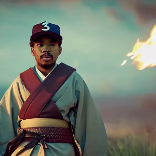 Image similar to cinematic film still of Chance The Rapper starring as a Samurai holding fire, Japanese CGI, VFX, 2022, 40mm lens, shallow depth of field, film photography