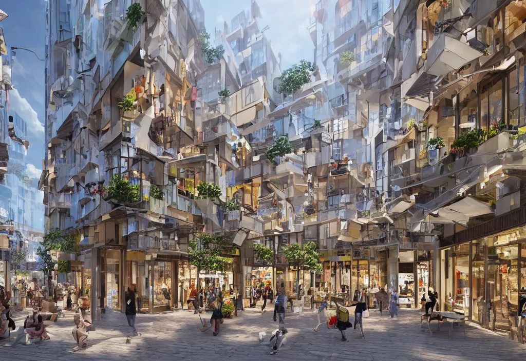 Image similar to a shopping street in a city, architectural block of boxes, highly detailed, octance render, leisure area in the middle of the building, 8 k rendering