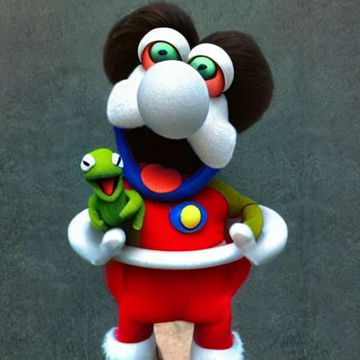 Prompt: A still of Super Mario as a muppet, photo real, photographic, photograph, artstation, trending, featured
