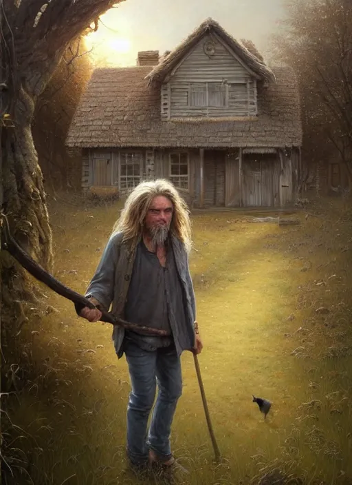 Image similar to highly detailed hyperrealistic painting of a blonde long - haired hillbilly standing in front of old rough house holding a stick, with his fluffy black and gray australian shepherd, bonfire, stephen bliss, art by greg rutkowski, loish, rhads, ferdinand knab, makoto shinkai and lois van baarle, tom bagshaw, global illumination, artstation