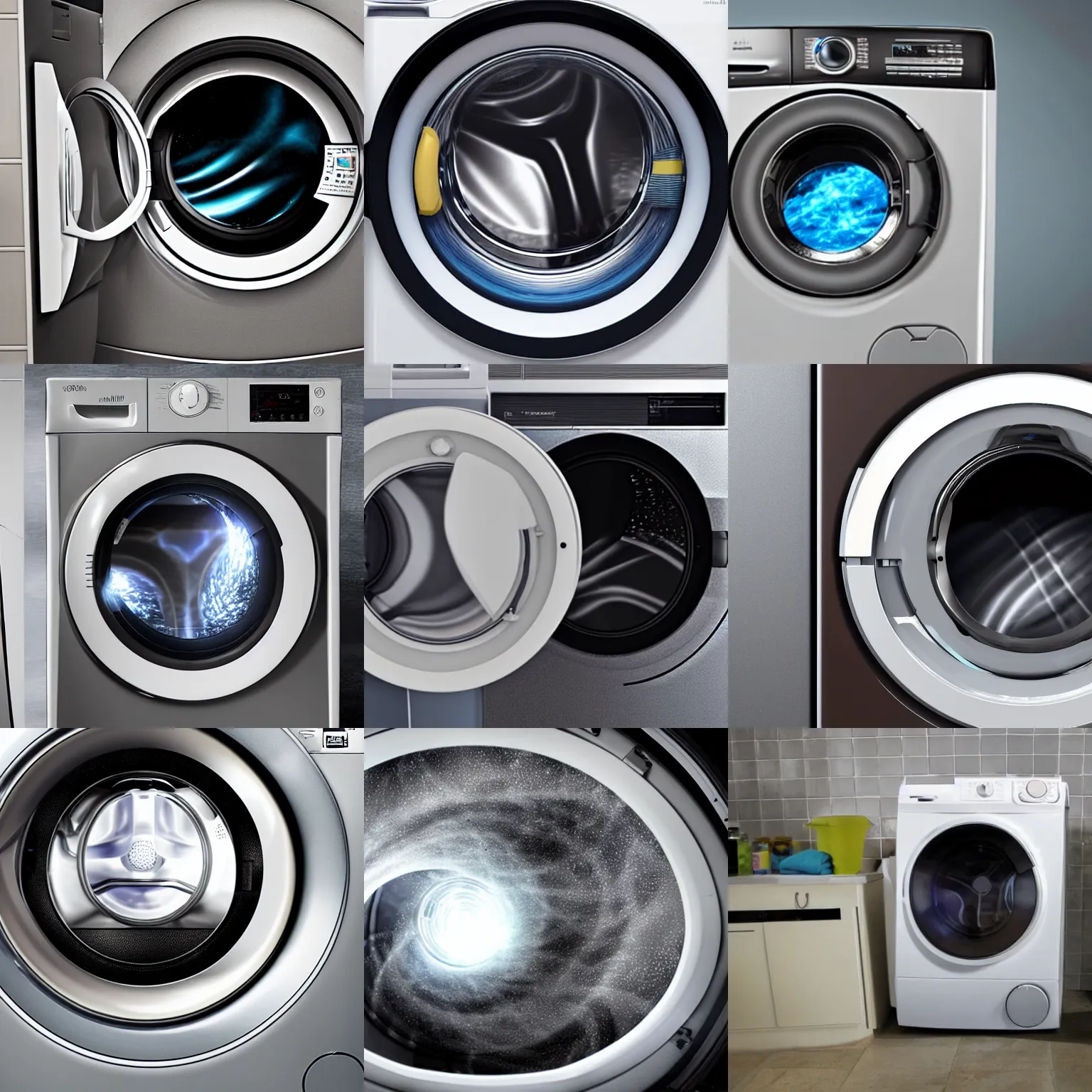 Prompt: a washing machine with a wormhole inside it, portal leading to another world
