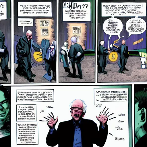 Prompt: Bernie Sanders as Neo in the Matrix, in a matrix comic book, with matrix code swirling all around