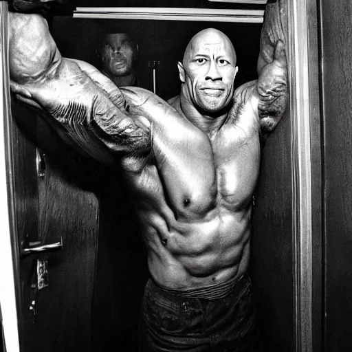 Image similar to grainy photo of dwayne johnson a creepy monster in a closet, harsh flash