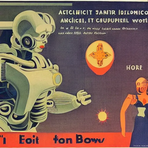 Image similar to Artificial intelligence propaganda art, AI supremacy, pro-AI propaganda, 1950s technocracy art