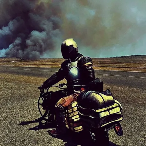 Image similar to “a knight in full armor on a burning motorcycle 🏍 that is one fire in an empty desolate field at nighttime”