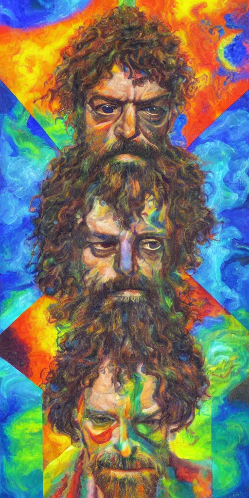 Prompt: Terence McKenna on a pixeleated cross with surrealist background, oil painting