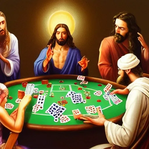 Image similar to nine various interpretations of Jesus playing poker