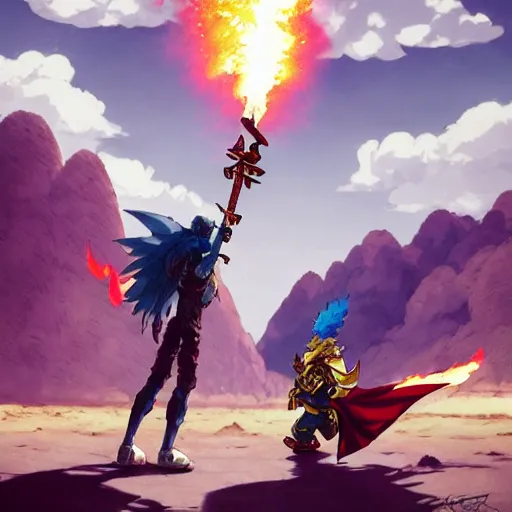 Prompt: dragon spits fire on a blue knight holding a gold sword, a green hatchback car is nearby, low wide angle, anime, desert landscape, greg rutkowski, Murata, one punch man manga,