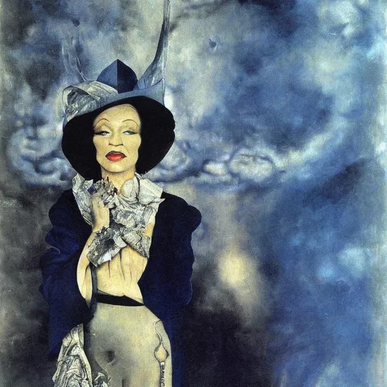 Image similar to A painting of Marlene Dietrich. By l Greco, Remedios Varo, Salvador Dali, Carl Gustav Carus, John Atkinson Grimshaw. Blue tint.