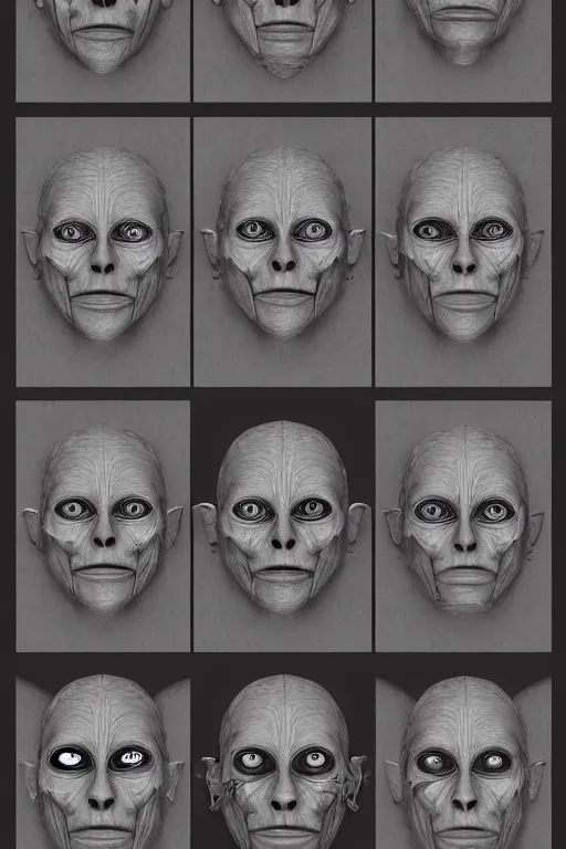 Image similar to aztec facial anatomy with gunmetal grey skin, medical anatomy, very symmetrical face, highly detailed, three - perspective / three - view reference sheet ( front / back / side ), in the style of dan ouellette, steven jung, amanda lilleston, hr giger, sil from species, dren from splice, mecha, artstation, unreal engine