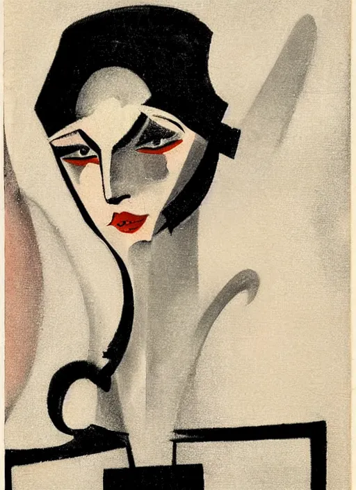 Prompt: 1920s german expressionism by Igor Scherbakov, moody, an extreme close-up abstract portrait of a lady enshrouded in a surrealist representation of the meaning of life, abstract, art by Jack Gaughan, figure painting by Anthony Cudahy, vintage postcard illustration, minimalist cover art by Mitchell Hooks, white background