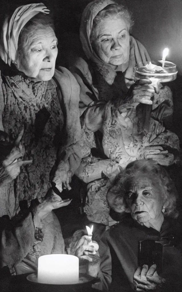 Image similar to a seance conducted by two old women, candle light, ghosts, ominous, by federico fellini