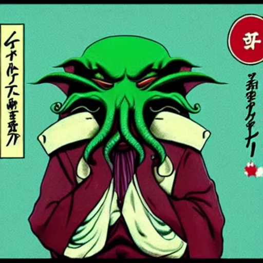Image similar to a photograph of cthulhu as a japanese mascot, filmic, cinematographic