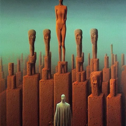 Image similar to highly detailed dystopian surreal painting of eerie statues and buildings by zdzisław beksinski