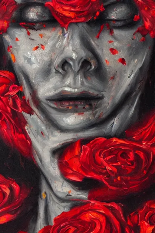 Image similar to oil painting, close-up, hight detailed, melting cyborg face with red roses everywhere at red planet, in style of 80s sci-fi art, neodada