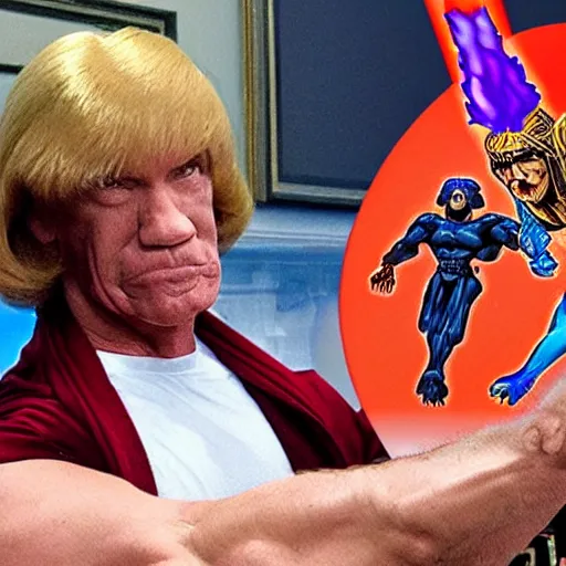 Prompt: he - man fights skeletor hyper realistic in the white house