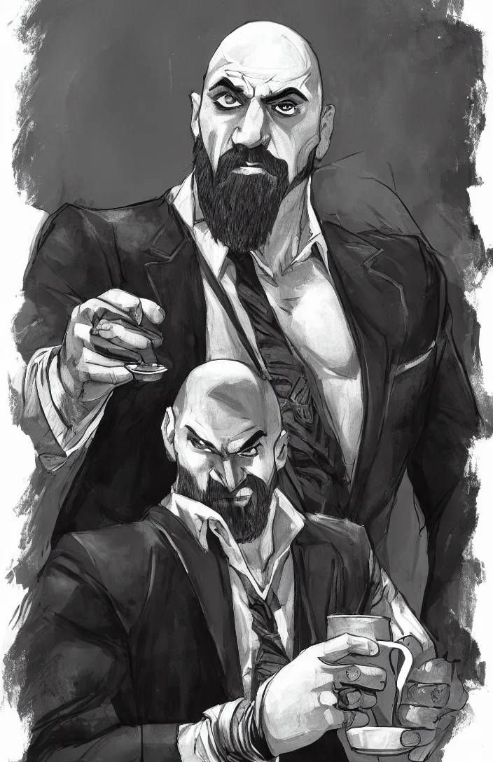 Image similar to detailed portrait of kratos in a suit holding a cup of coffe in his hand, black and white, 5 0's style.