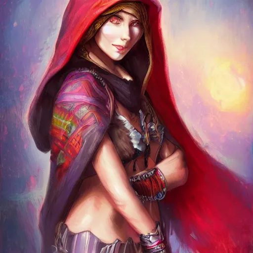 Prompt: portrait of female adventurer, with a cloak, detailed, colorful, Aleriia_V, art station, deviant art, rpg portrait, realistic