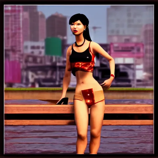 Image similar to Asian doll woman posed by a dock, GTA Cover art style