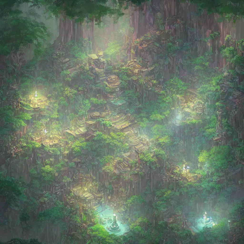 Prompt: hidden temple in the forest, crystals, tilt - shift focus, entrance to ethereal realm, glow, magic circle, magic doorway, mist, bioluminescence, concept art, james gilleard, studio ghibli