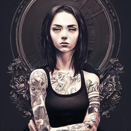 Image similar to french bar maid, tattoos, black t - shirt, black skirt, detailed portrait, intricate complexity, by greg rutkowski, artgerm, ross tran, conrad roset, takato yomamoto, ilya kuvshinov. 4 k, beautiful, cinematic dramatic atmosphere