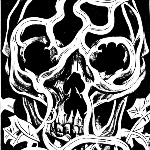 Image similar to A skull, with vines coming out of the eye sockets. Centered, Dark Fantasy, Film Noir, Black and White. High Contrast, Mike Mignola, D&D, OSR