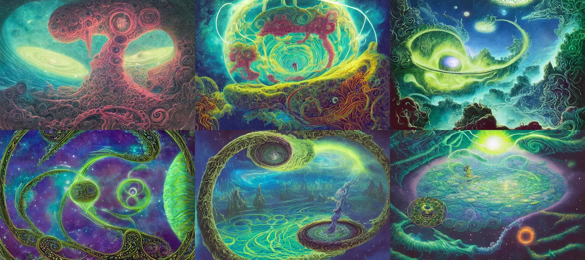 Prompt: a hyperspace nebulae spiral chirality lagoon, strange and hauntingly beautiful, a verdant enchanted vibrant dreamscape protected by a magic barrier sphere | introspective meandering sci - fi fantasy endless path | gouache painting by thomas cole, terese nielsen, and edvard escher guay, magically shaped surrealism, trending on artstation