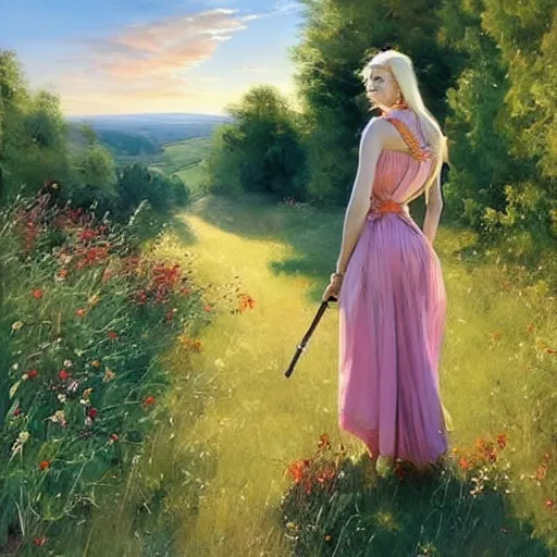 Image similar to mysterious blonde woman in hot dress in the swedish countryside, holding a shotgun, freedom, scenic, beautiful, masterpiece, highly detailed, painting by vladimir volegov