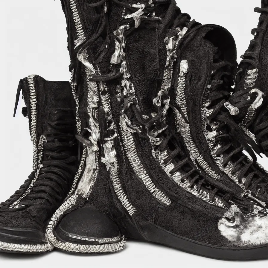 Image similar to hypermaximalist rick owens ramones high - top sneaker, highly detailed and intricate, product photo, 8 k, 5 0 mm, f 3. 4