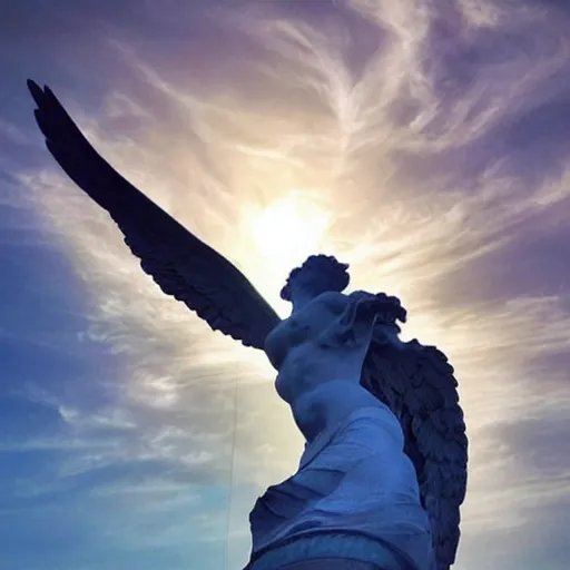 Prompt: venus, nike, the winged victory of samothrace statue made of cyan crystal on a rock in the clouds dramatic low light volumetric lighting epic puffy clouds torrents central composition stylised close up to ample soft touch lighting from the side by sunset portrait painting style