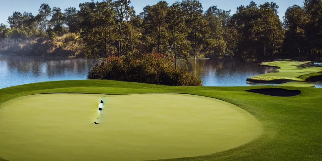 Image similar to a great photograph of the most amazing golf hole in the world completely surrounded by water, calm water, perfect light, ambient light, miniature, tilt shift lens, golf digest, top 1 0 0, fog