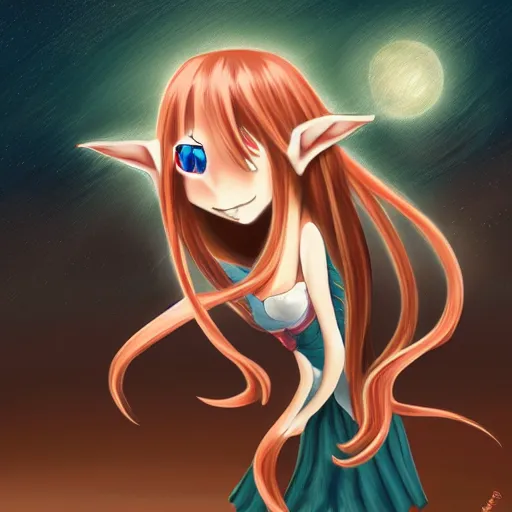 Image similar to digital painting of a long hair anime lady ELF dancing in the moonlight in the style of Sakimichan