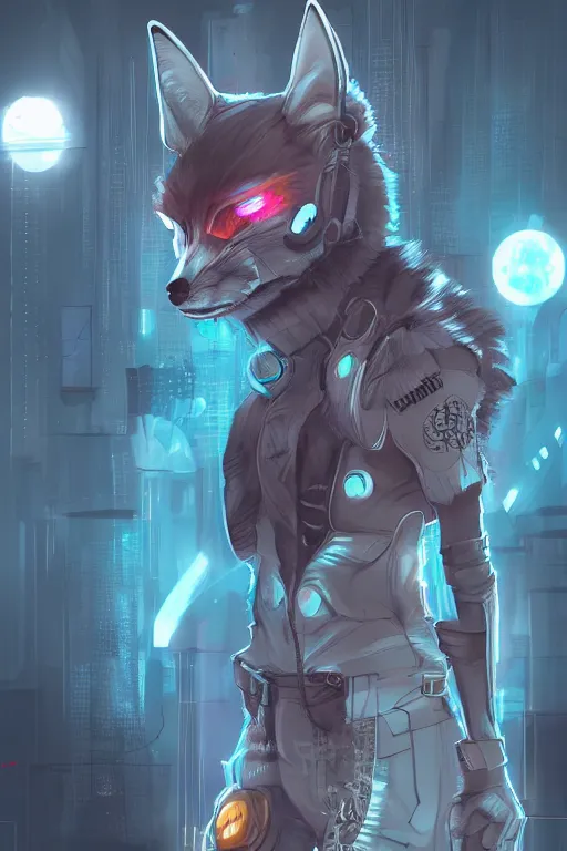 Image similar to an anthropomorphic cyberpunk fox, backlighting, trending on artstation, digital art, furry art, trending on furaffinity, fantasy art, by kawacy